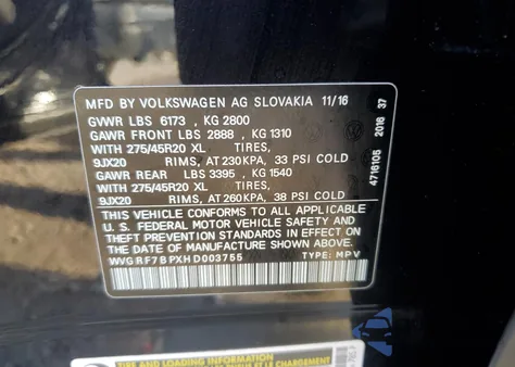 2017 Volkswagen Touareg Wolfsburg из США, поврежденный, VIN WVGRF7BPXHD003755